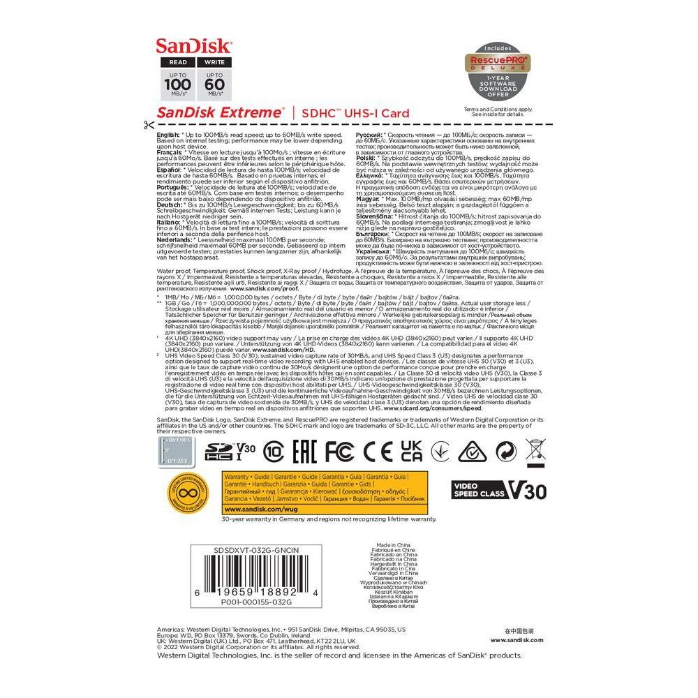 Karta SanDisk Extreme SDHC UHS-I z prędkością odczytu 100MB/s i zapisu 60MB/s.