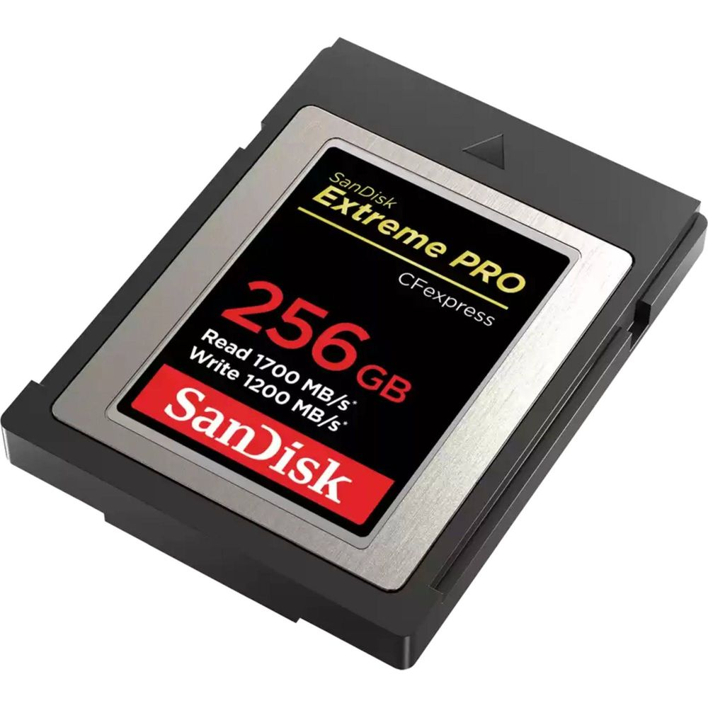 Scheda di memoria SanDisk Extreme PRO CFexpress da 256 GB con lettura 1700 MB/s, scrittura 1200 MB/s.