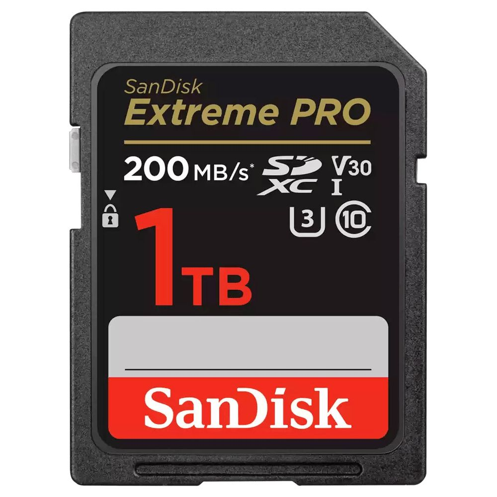 Carte SD SanDisk Extreme PRO 1To, 200 Mo/s, V30, Classe 3, 10. Noire avec logo rouge.