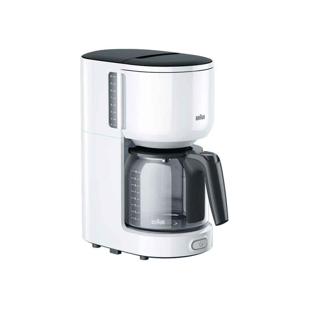 Biały ekspres do kawy z czarną pokrywą i szklanym dzbankiem, wskaźnik poziomu wody.