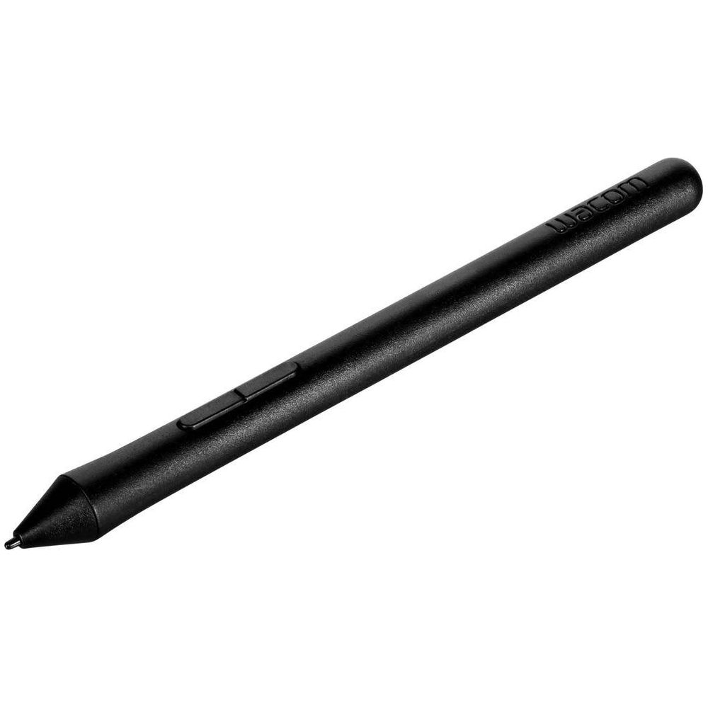Penna Wacom nera con due pulsanti su sfondo bianco.