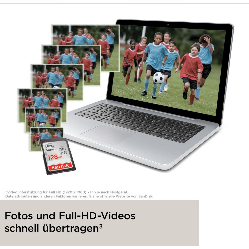 Un ordinateur portable affiche un match de football, avec plusieurs images et une carte SD.
