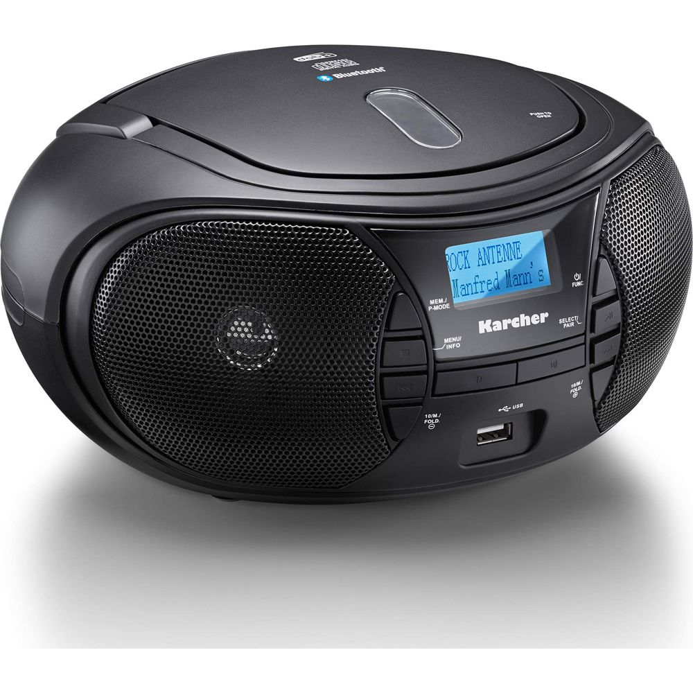 Boombox nero con lettore CD, altoparlanti e display LCD blu.