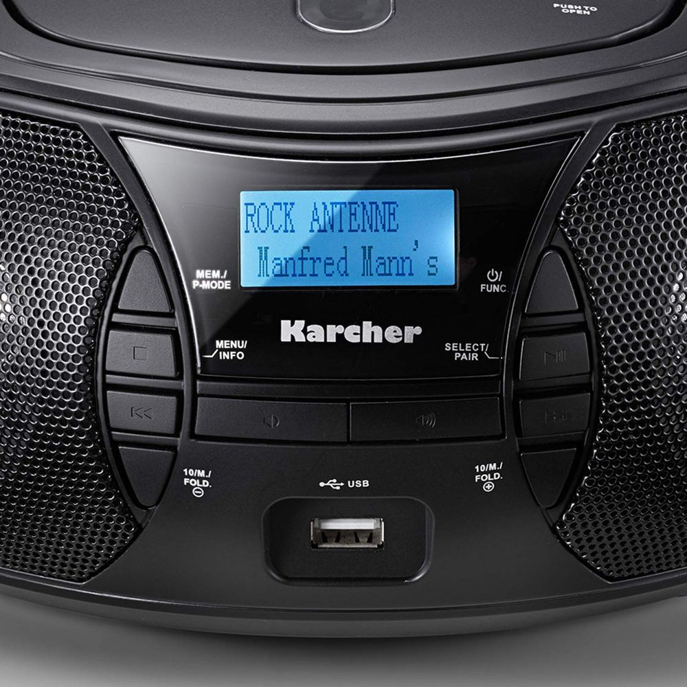 Lettore CD Karcher nero con display blu che mostra "ROCK ANTENNE Manfred Mann's".