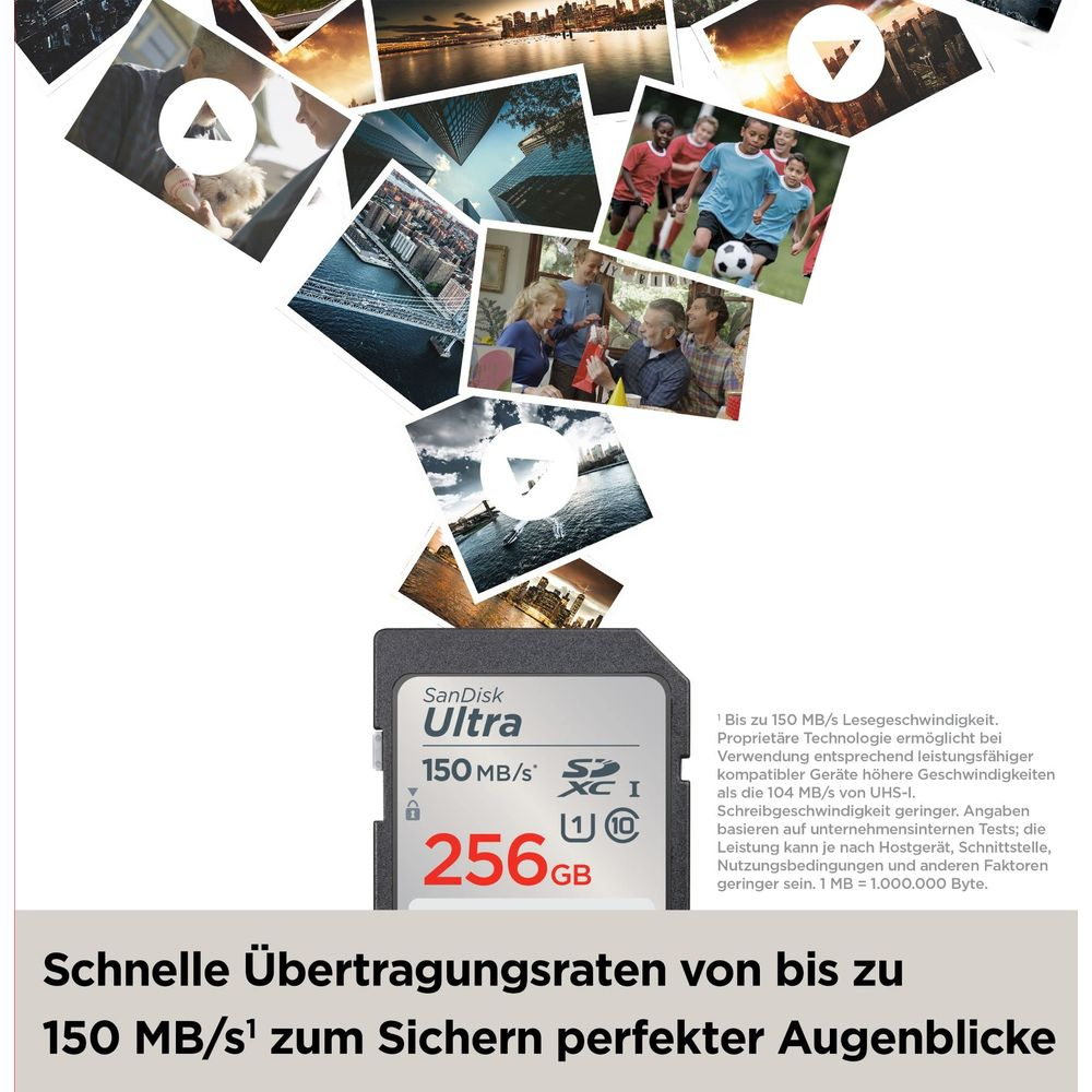 Scheda SanDisk Ultra da 256 GB con foto di persone, calcio e città.