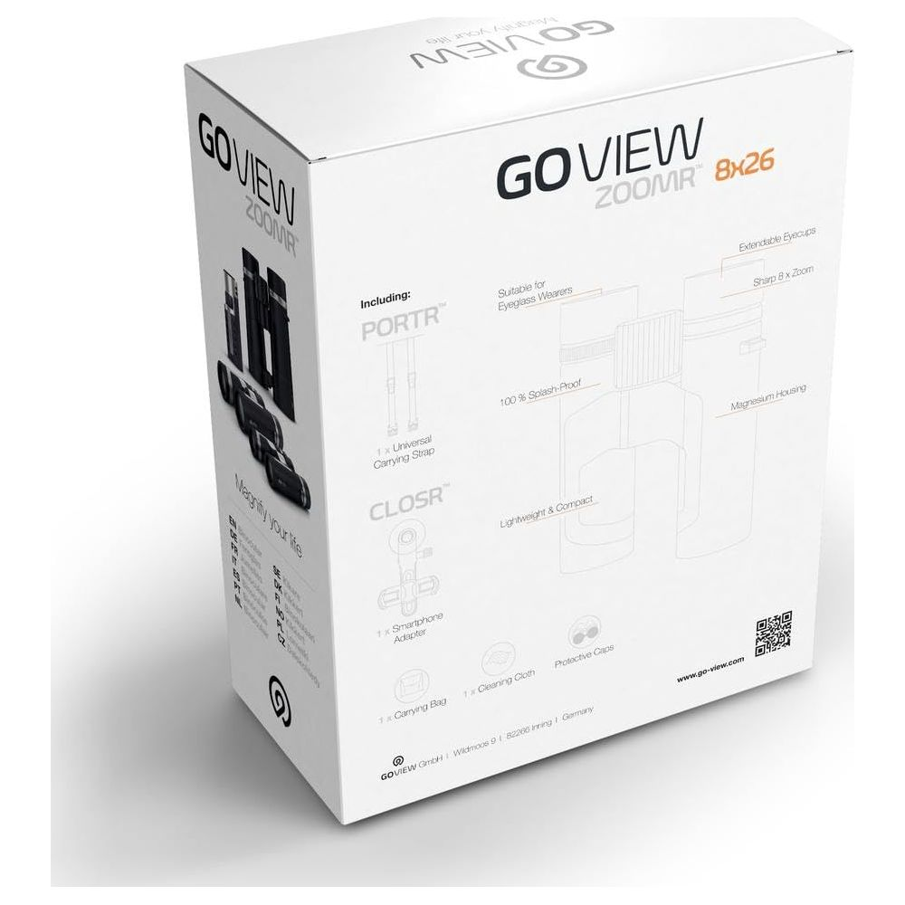 Confezione binocolo GOVIEW ZOOMR 8x26 con accessori.