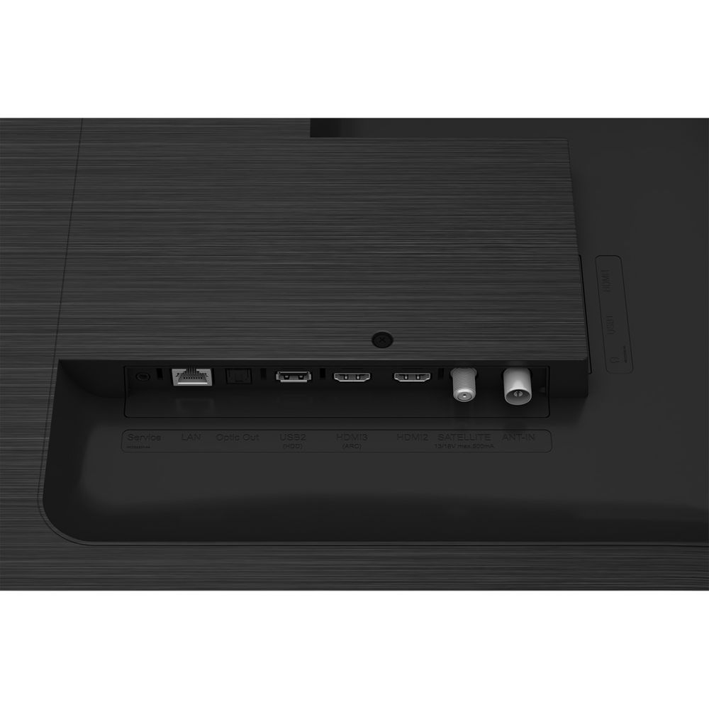 Panneau arrière d'un téléviseur montrant les ports : Service, LAN, Optic Out, USB2, HDMI3, HDMI2, Satellite, ANT-IN.