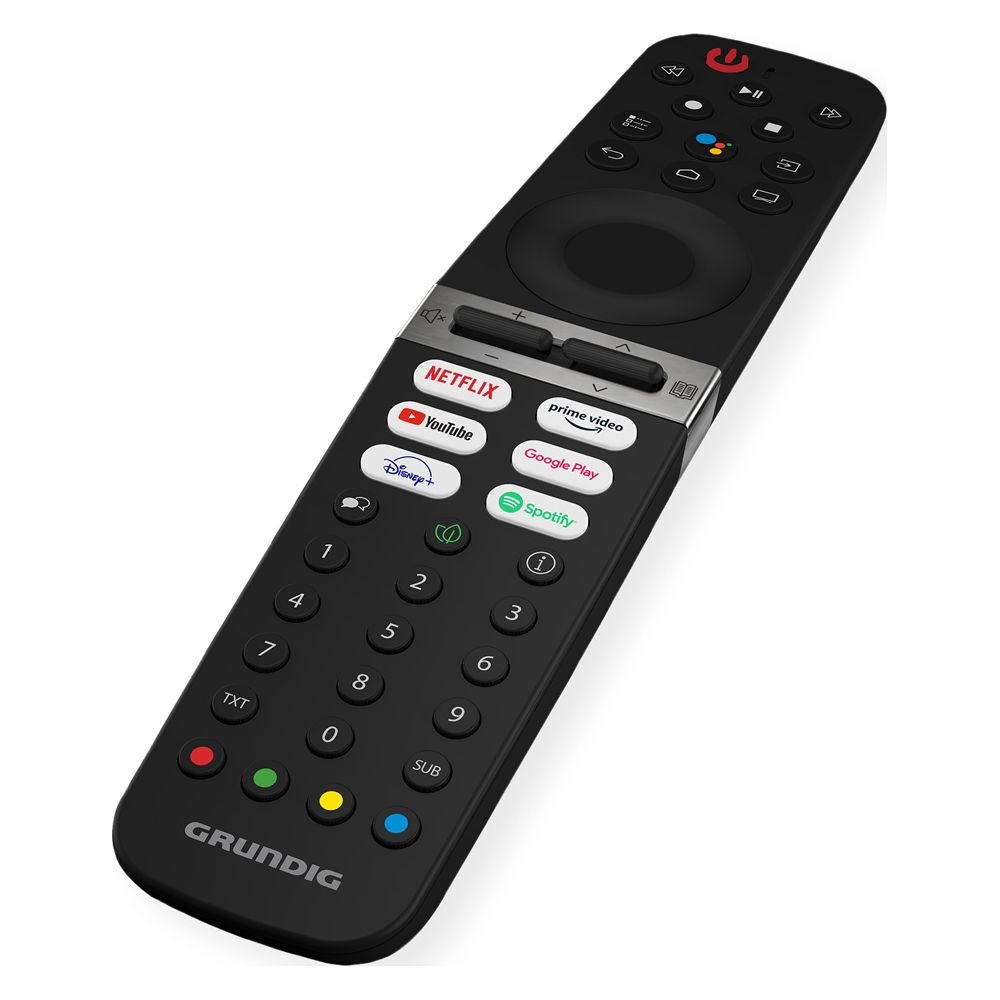 Télécommande noire avec boutons Netflix, YouTube, Prime Video, Spotify, Disney+.