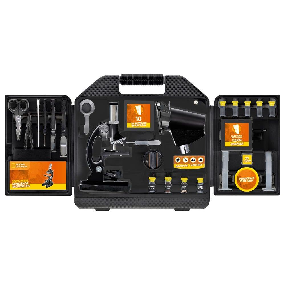 Un kit de microscopio en un estuche negro con accesorios como portaobjetos y placas de Petri.
