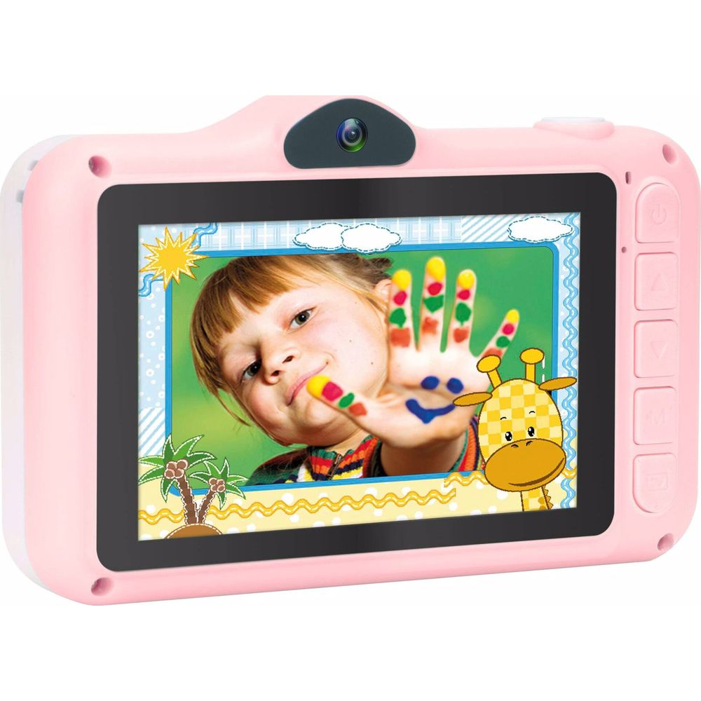 Różowy ekran dziecięcej kamery pokazuje dziewczynkę z pomalowanymi palcami i grafikę żyrafy.