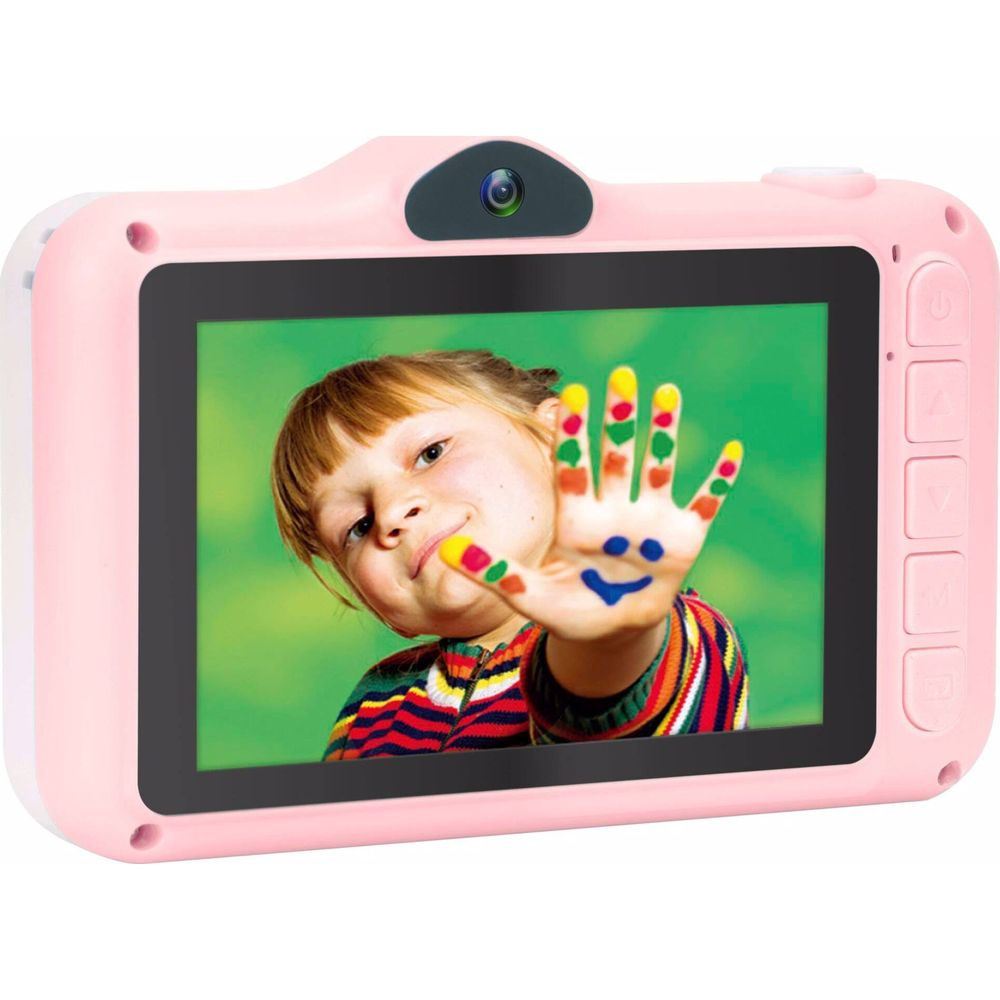 Różowy ekran kamery dziecięcej pokazuje dziewczynkę z pomalowaną ręką i uśmiechniętą buźką.