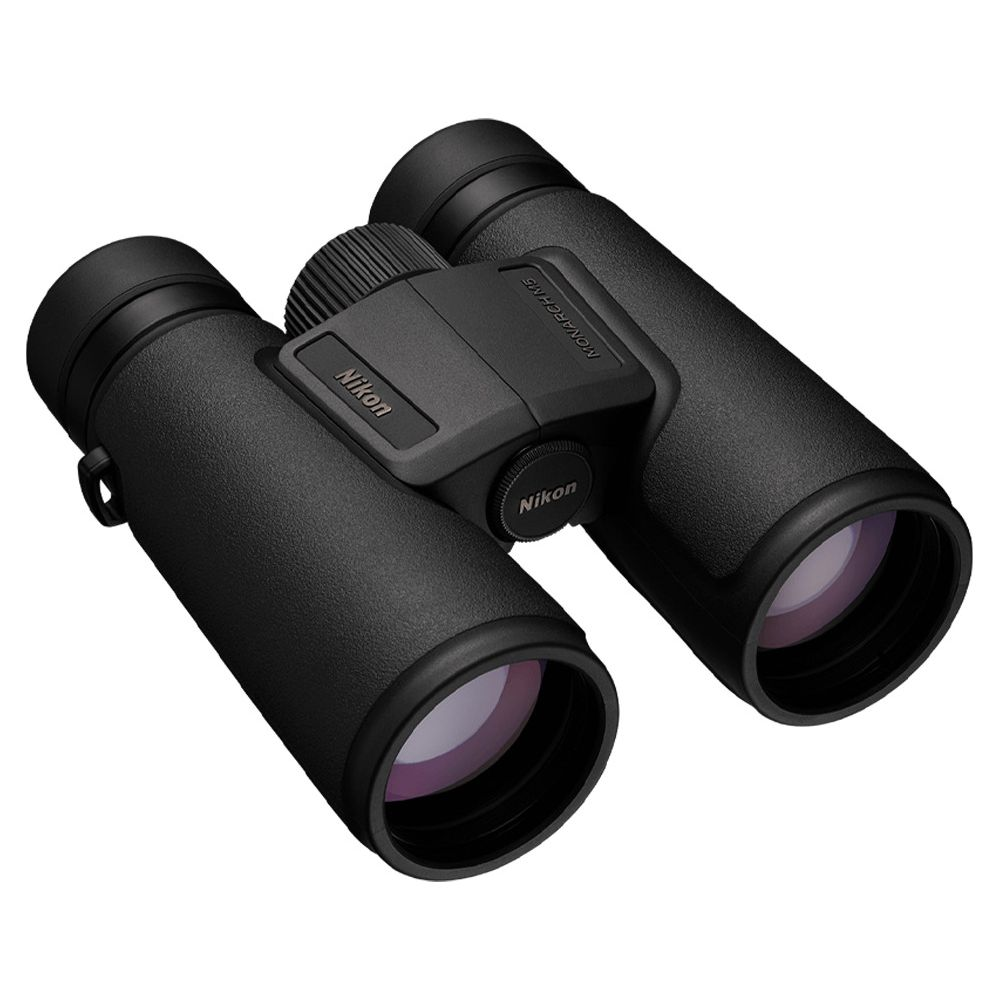 Binocolo Nikon Monarch M5 10x42 nero con rotella di messa a fuoco e lenti.