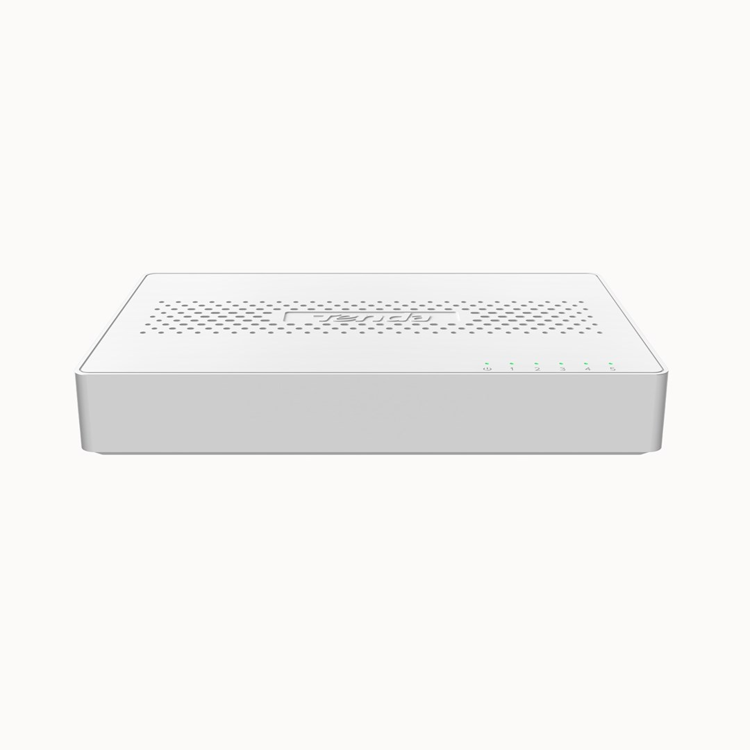 Un router Tenda bianco con cinque luci LED verdi.