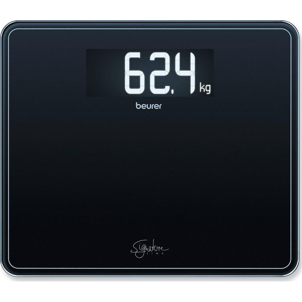 Schwarze digitale Personenwaage mit einer Anzeige von 62,4 kg und Beurer-Logo.