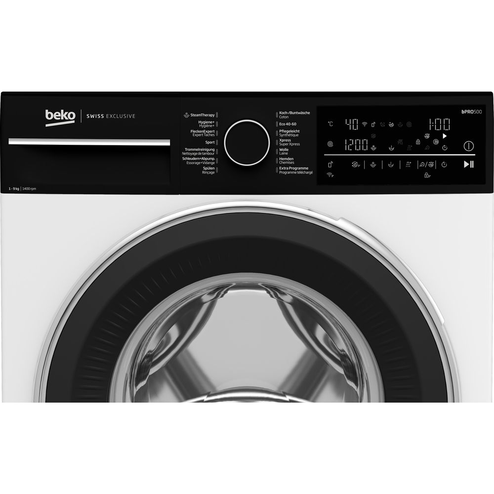 Lave-linge Beko blanc avec porte noire et panneau de commande affichant divers programmes.