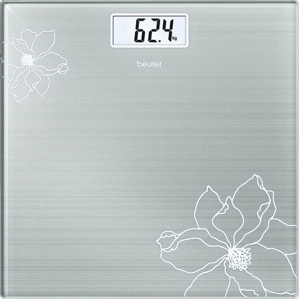 Graue Personenwaage mit Blumenmuster und digitaler Anzeige 62,4 kg.