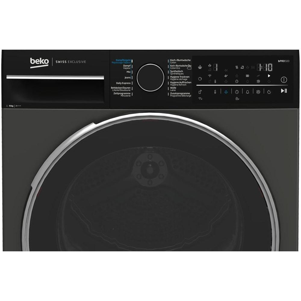 Un sèche-linge Beko avec panneau de commande et porte ronde. Efficacité A+++.