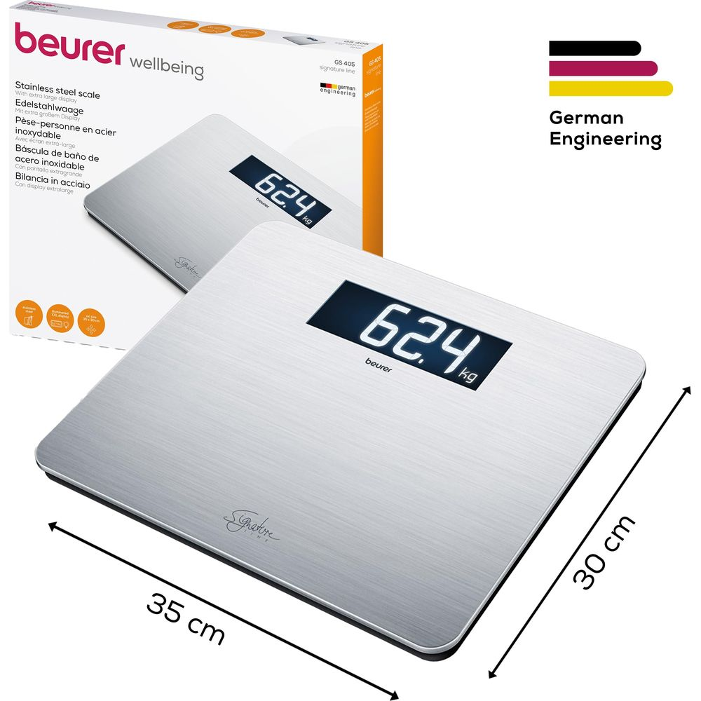 Eine digitale Personenwaage aus Edelstahl mit großem Display.