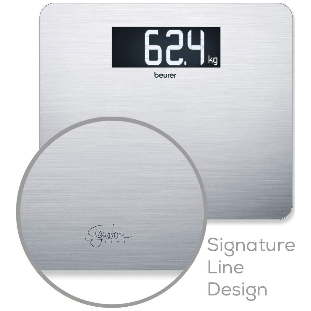 Silberne Personenwaage mit digitaler Anzeige von 62,4 kg und Logo.