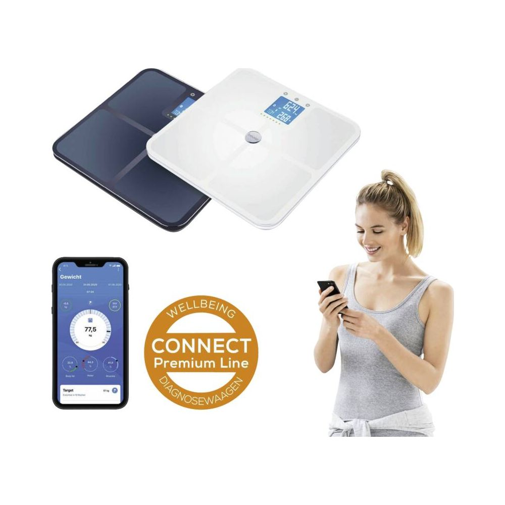 Waage und Smartphone mit Gesundheits-App, Frau mit Handy.