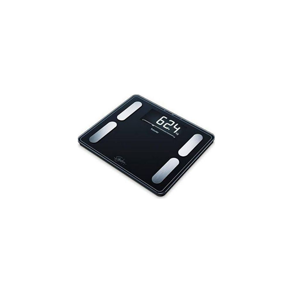 Schwarze digitale Personenwaage mit silbernen Akzenten und Anzeige 62,4 kg.