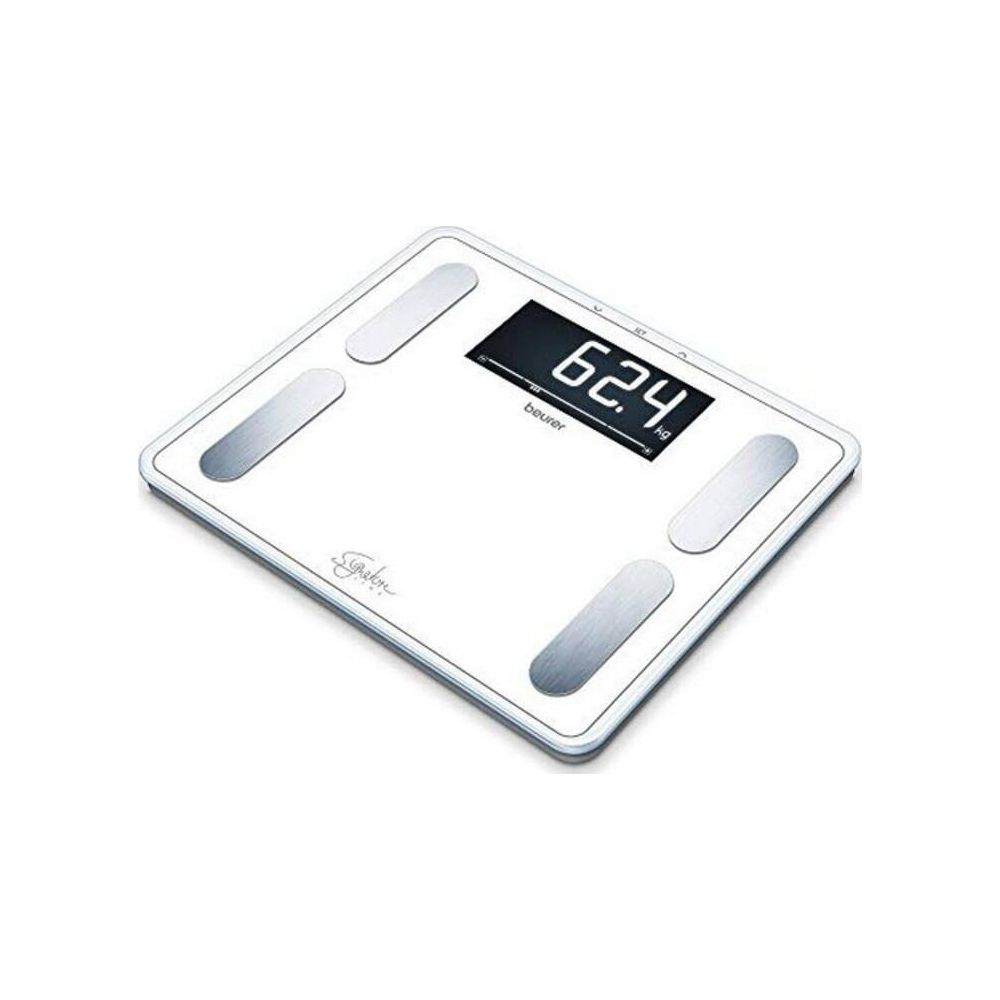 Weiße digitale Personenwaage mit silbernen Elektroden und LCD-Anzeige von 62,4 kg.