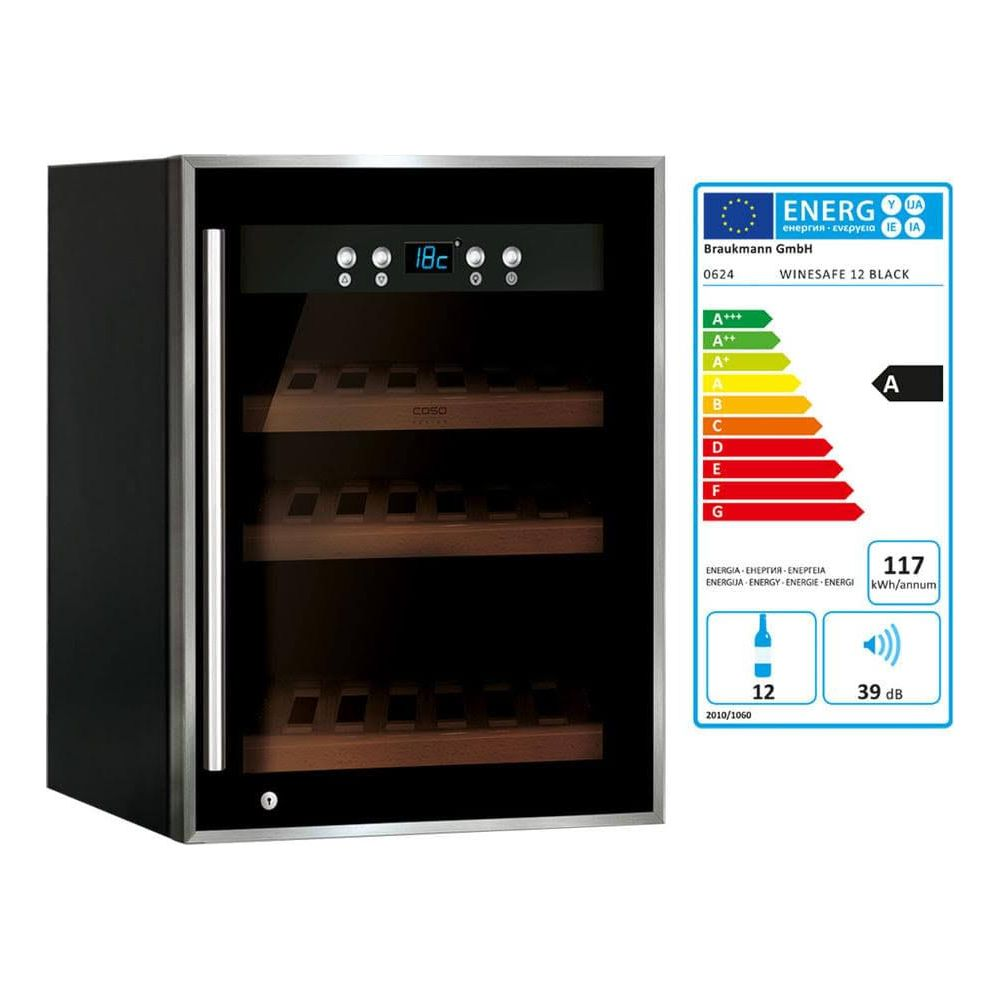 Schwarzer Weinkühlschrank mit Glastür, Holzböden und Energieetikett.