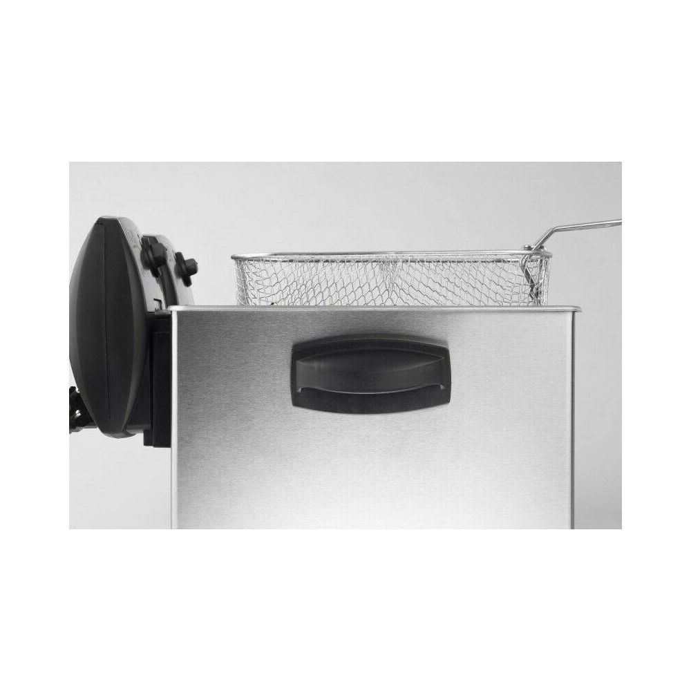 Stainless steel deep fryer with black handle and metal basket.