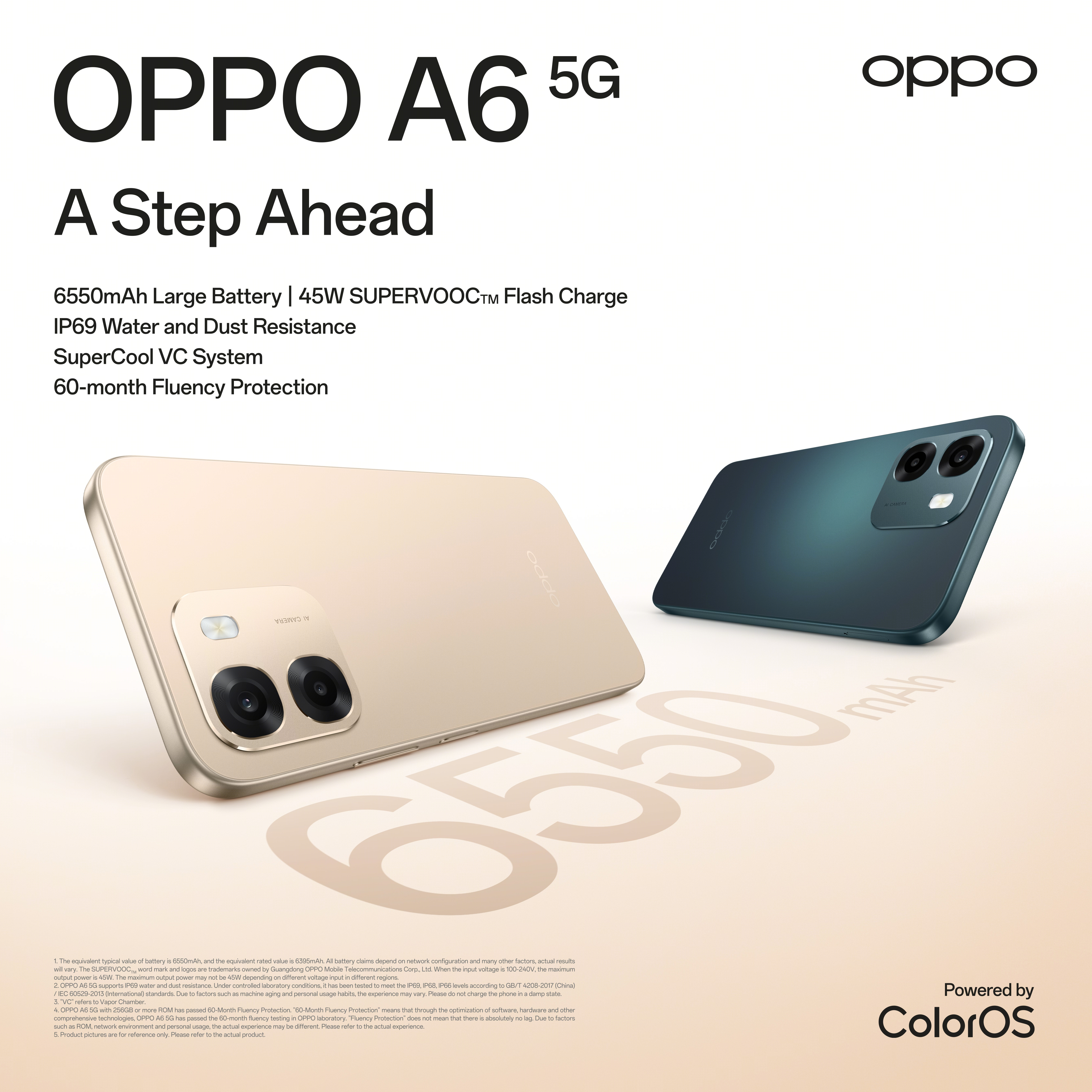 OPPO A6 5G en or et vert foncé, avec caméras et logos. Grand format 
