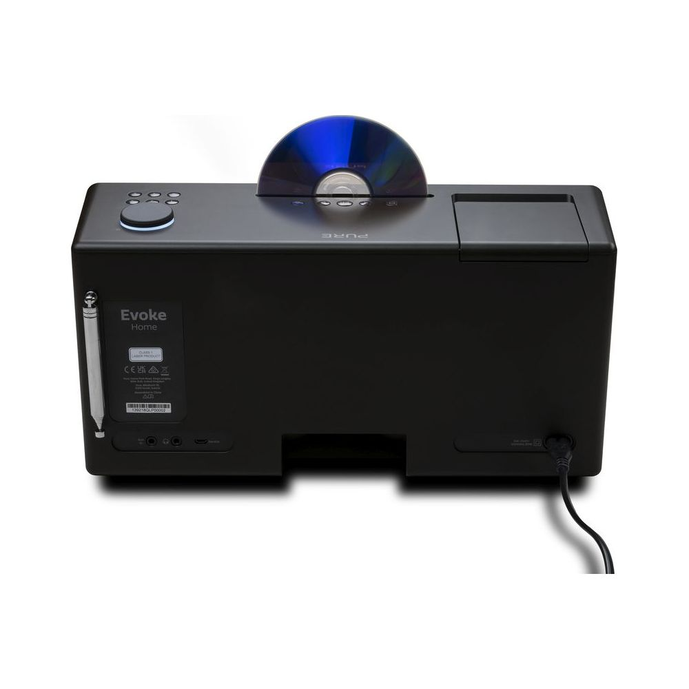 Schwarzer digitaler Radio mit CD-Schlitz. Eine CD ragt heraus.