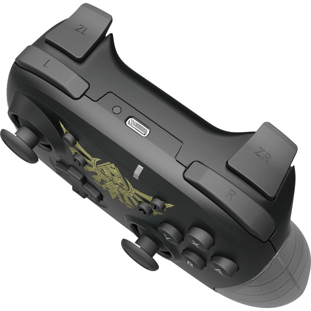 Schwarzer Gamecontroller mit goldenem Emblem, mit ZL, ZR, L, R und A, B, X, Y Tasten.