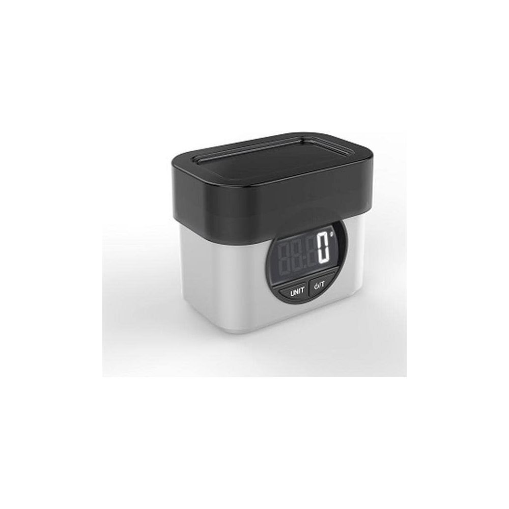 Una bilancia da cucina bianca con coperchio nero e display digitale.
