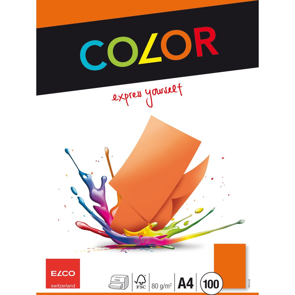 Orangefarbenes Papier spritzt mit bunter Farbe. Text: COLOR express yourself.