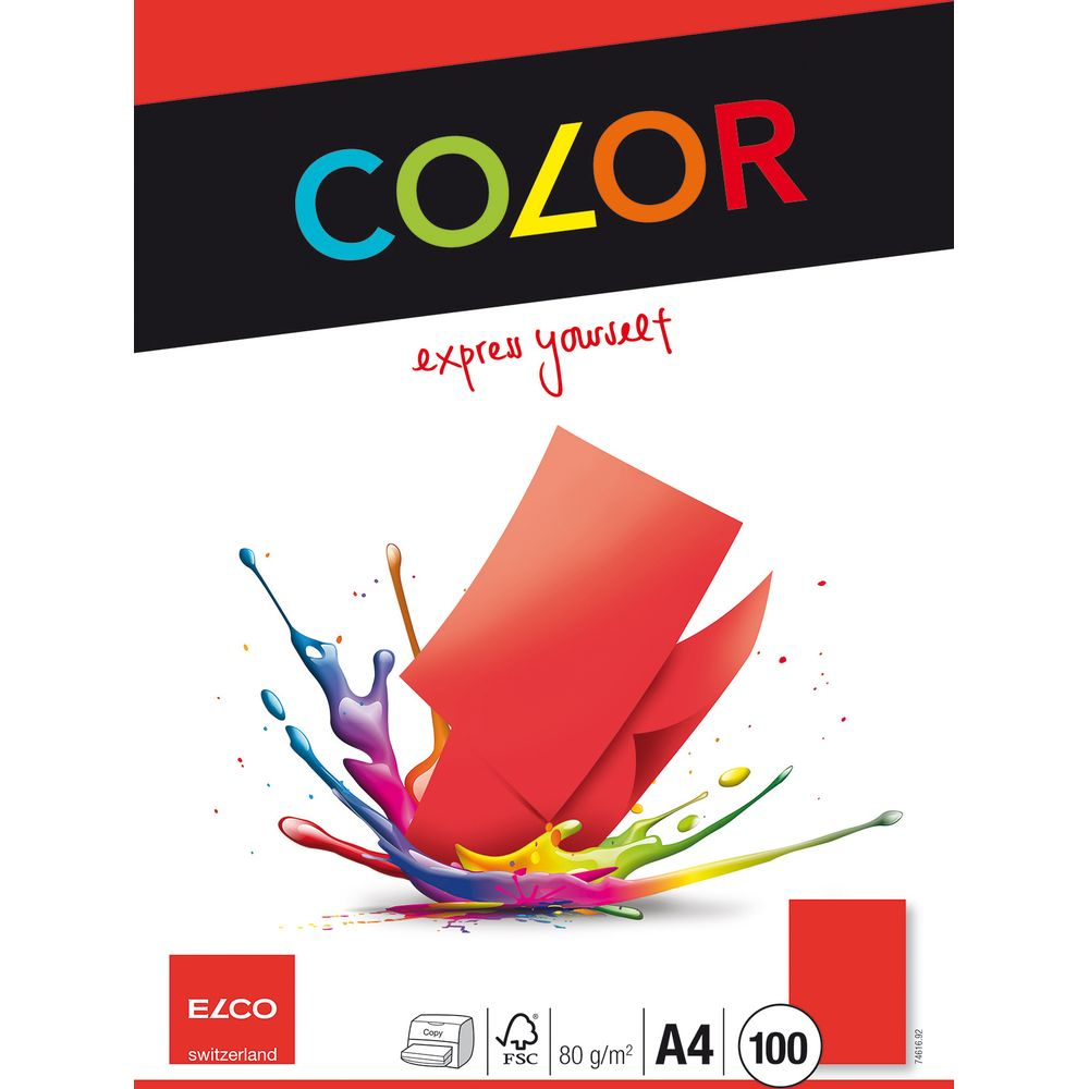 Bunte Farbexplosion mit rotem Papier und dem Wort COLOR.