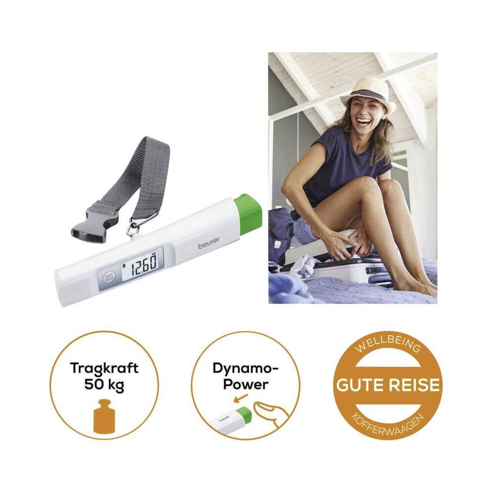 Gepäckwaage mit Gurt, Anzeige 12.60 und lachender Frau beim Packen.