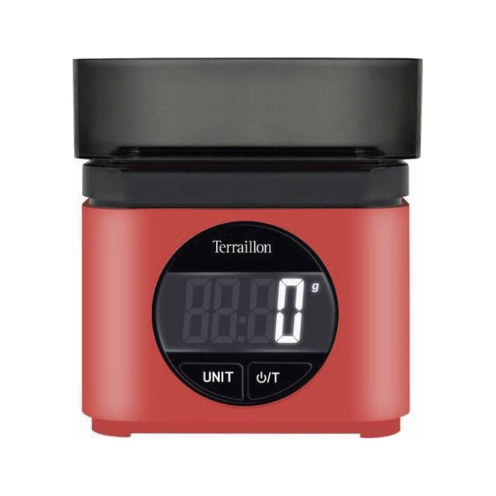 Rote digitale Küchenwaage mit schwarzem Deckel und LCD-Anzeige auf Null.