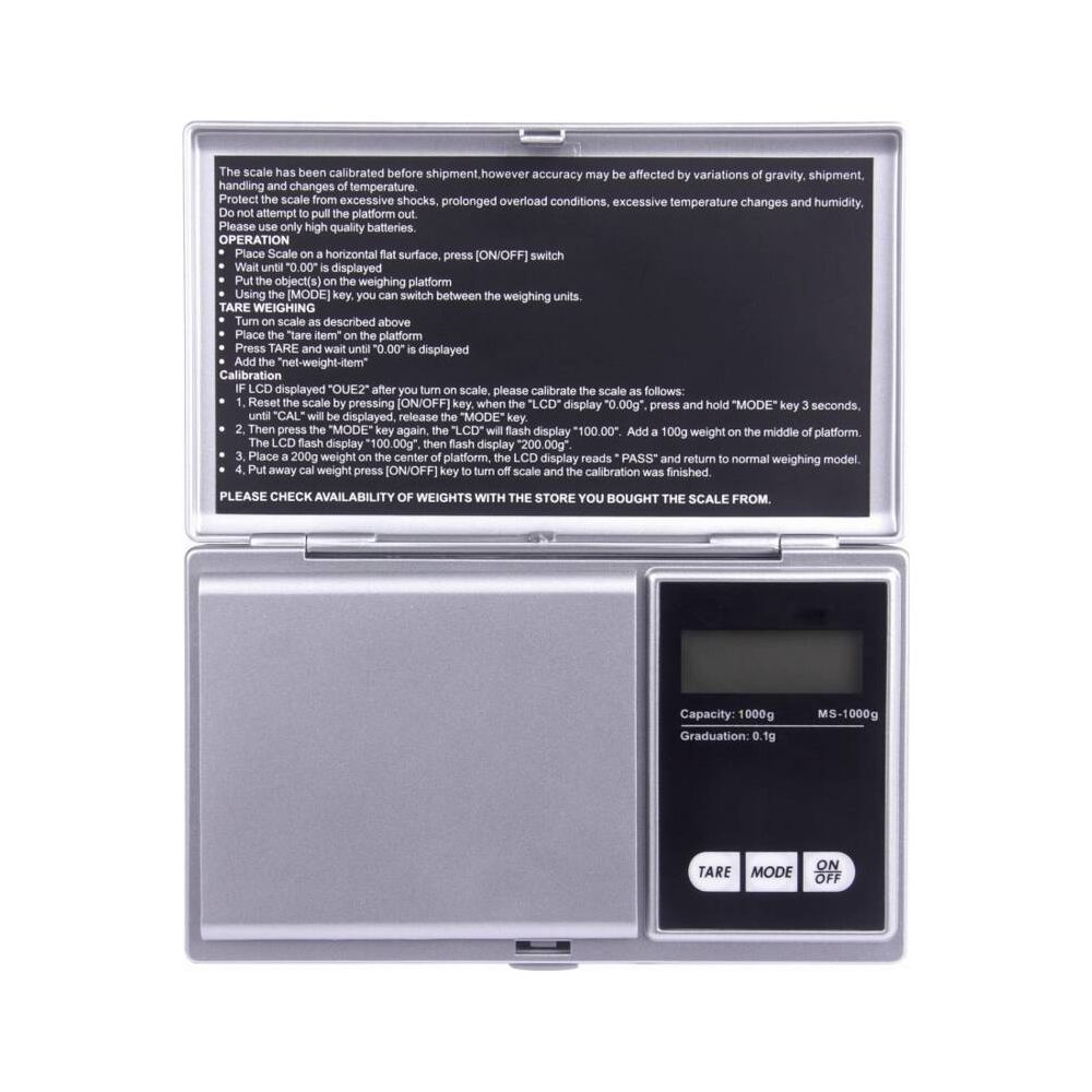 Bilancia digitale argentata con schermo LCD nero e pulsanti di controllo.