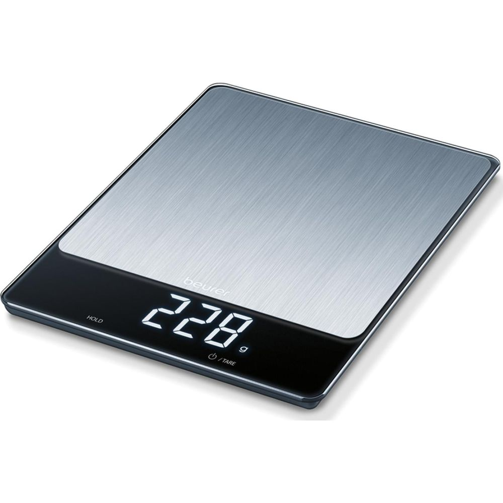Eine digitale Küchenwaage aus Metall mit schwarzem Display, das 228 g anzeigt.