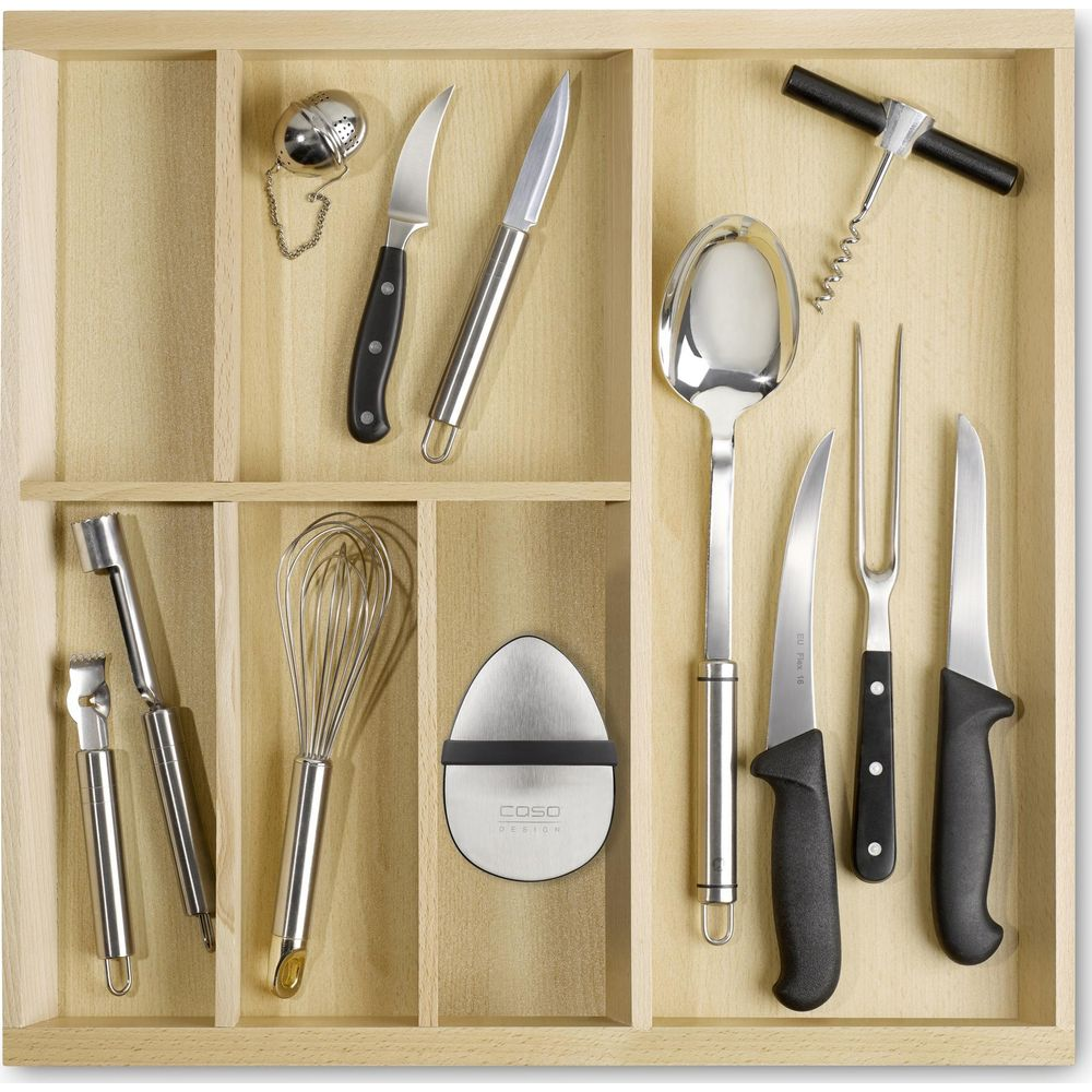 Organisateur de tiroir de cuisine avec ustensiles: boule à thé, couteaux, cuillère, fourchette, tire-bouchon.