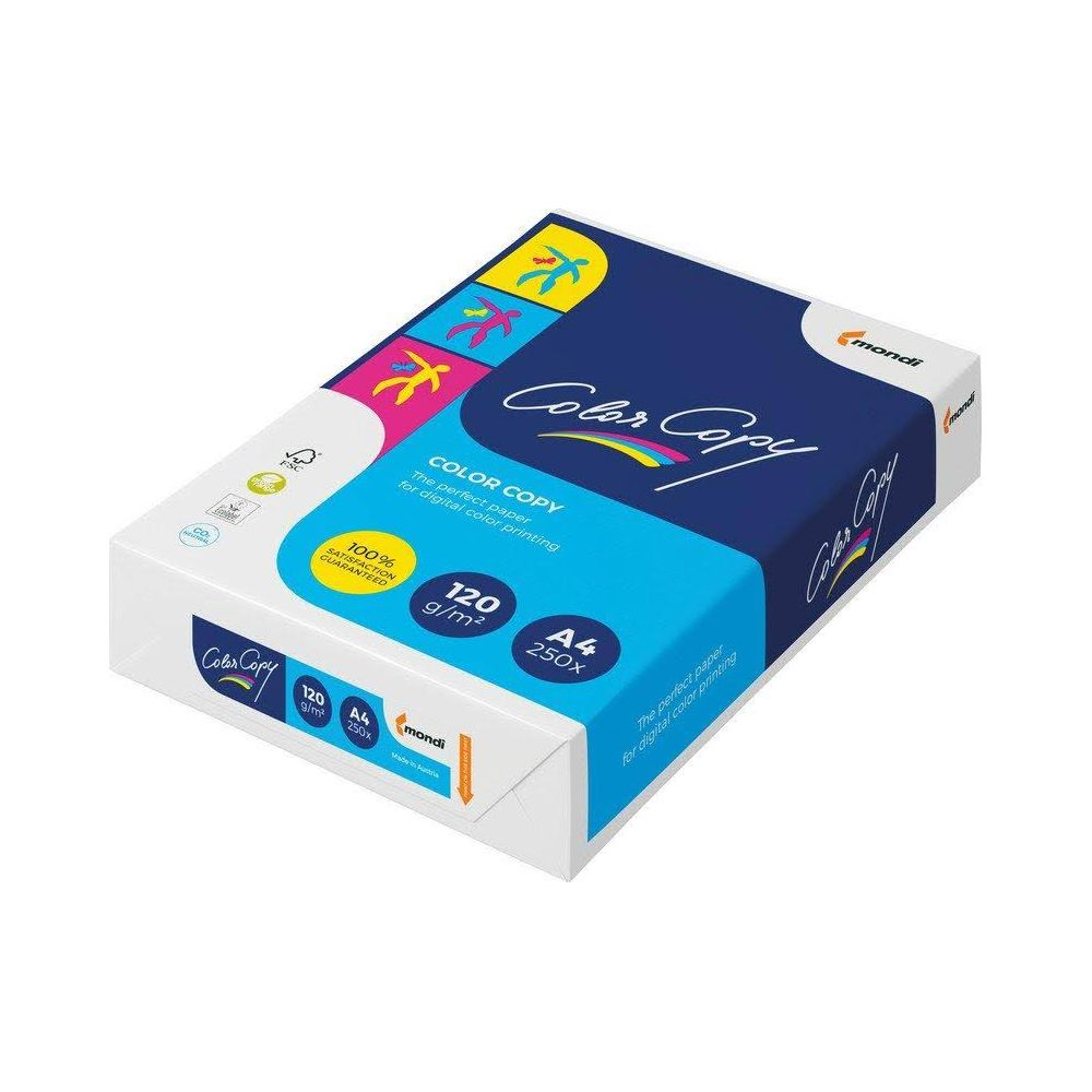 Ein Paket Color Copy A4 Papier, 120 g/m², 250 Blatt, mit farbigen Figuren.
