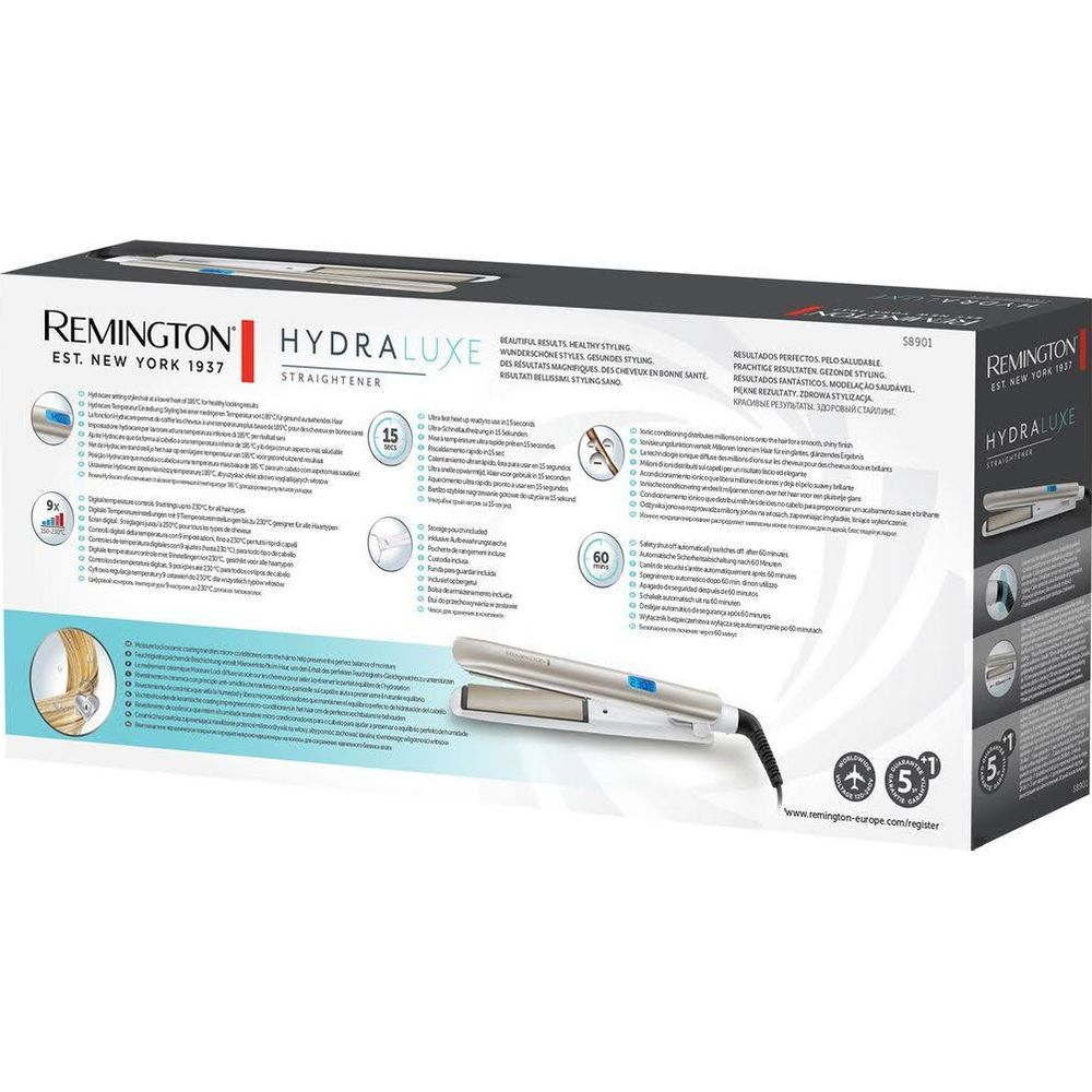 Pudełko prostownicy Remington Hydraluxe z obrazem produktu i cechami.