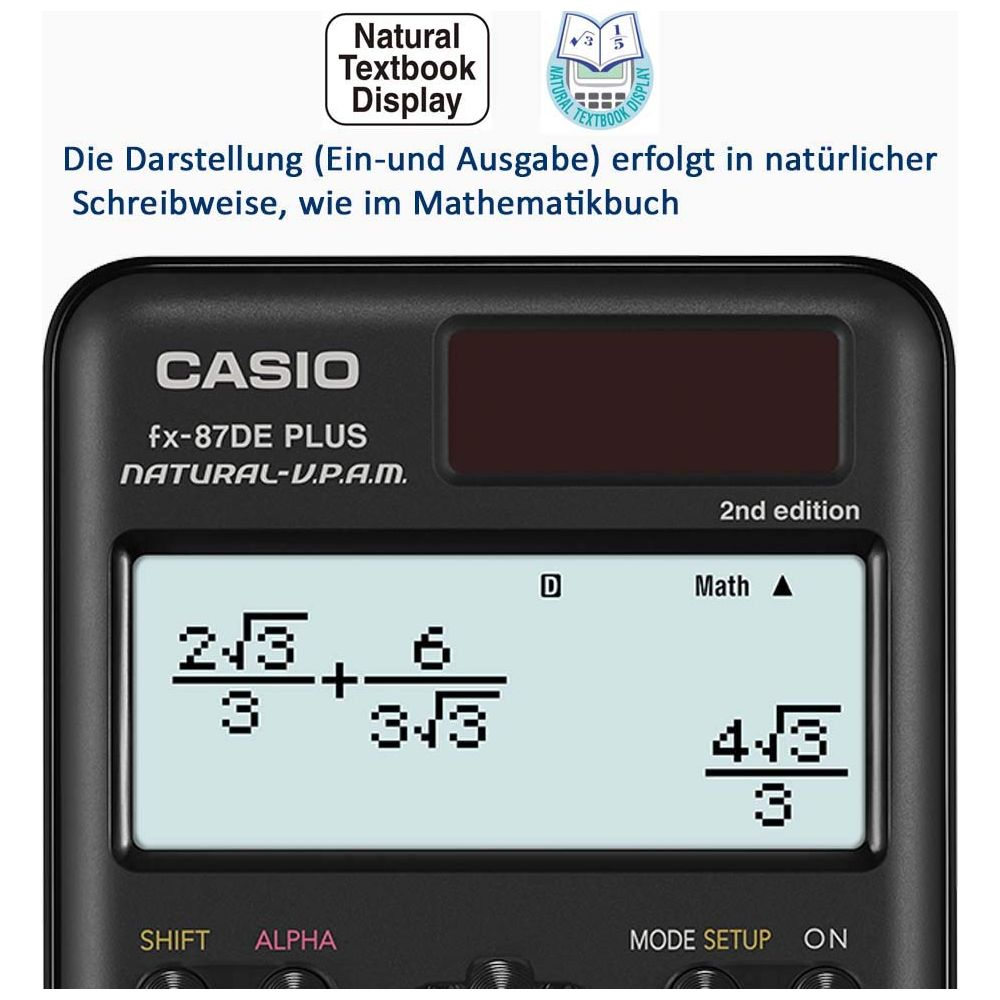 Kalkulator Casio wyświetla wzór matematyczny z pierwiastkami i ułamkami.
