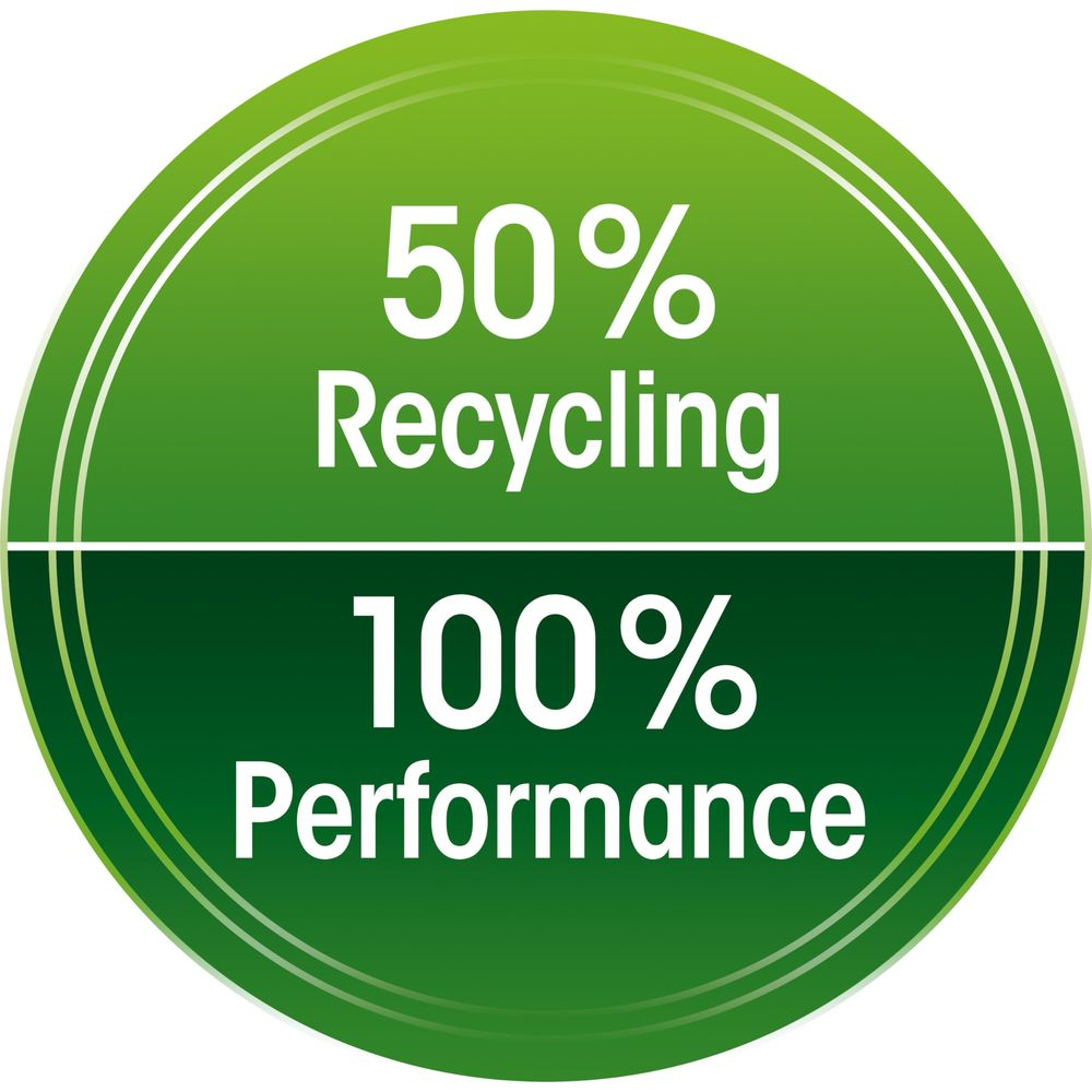 Grüner Kreis mit Text "50% Recycling" und "100% Performance".