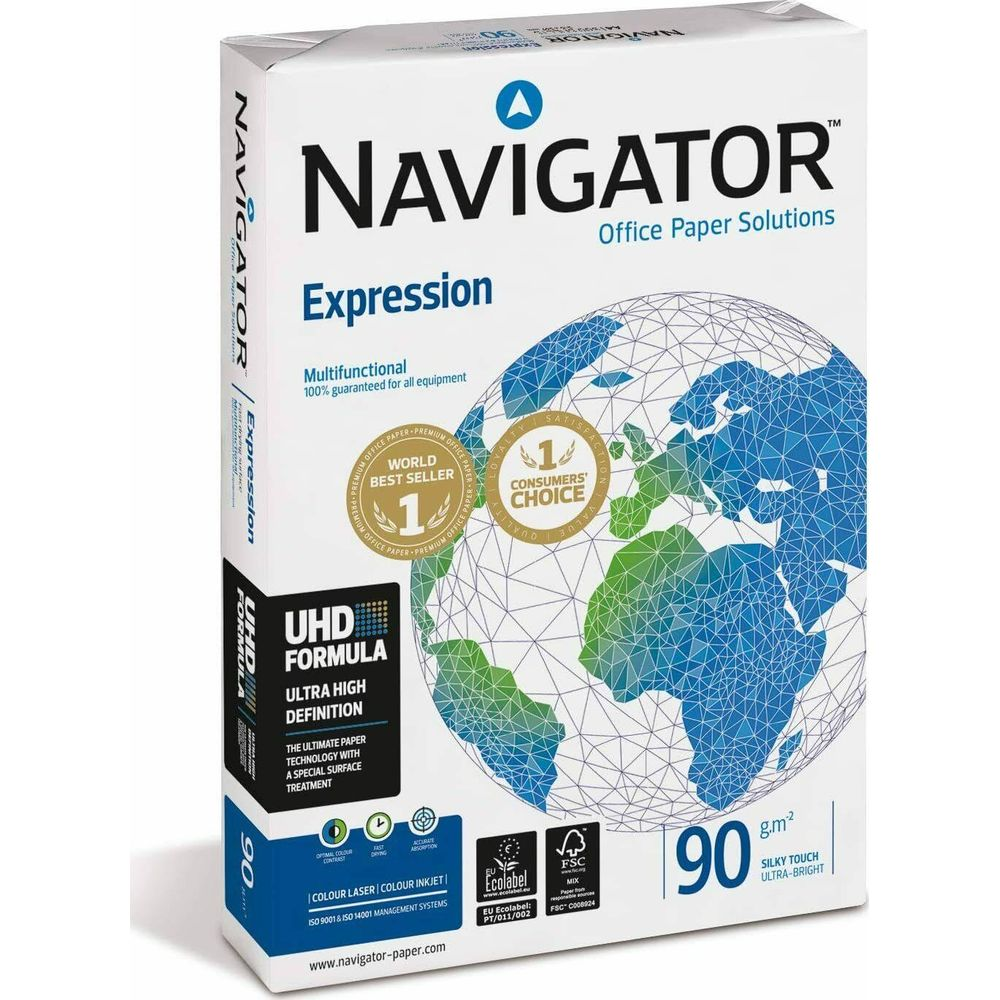 Papel de oficina Navigator Expression. Diseño de mapa mundial. 90 g/m², tacto sedoso.