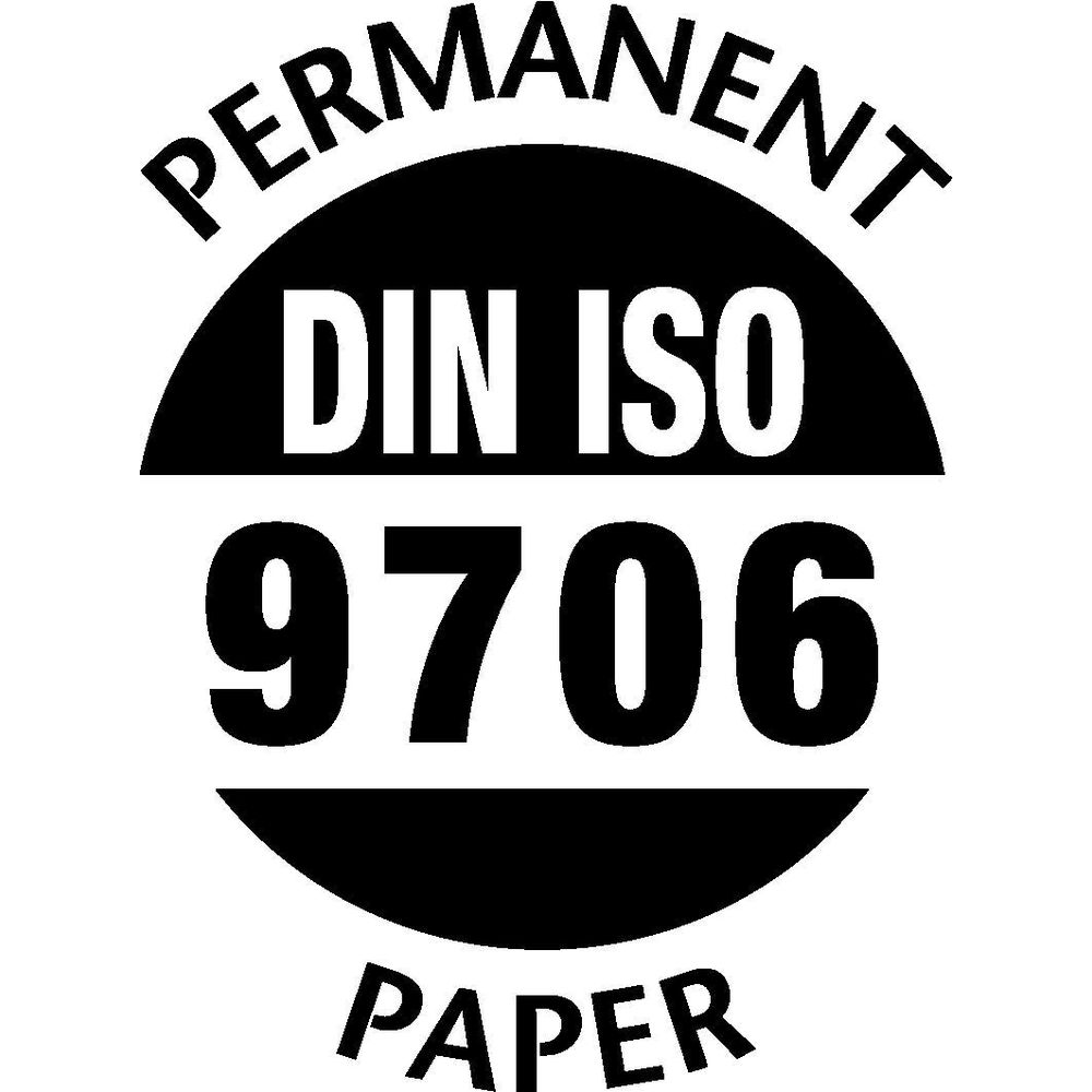 Czarno-białe logo kołowe z tekstem: PERMANENT, DIN ISO 9706, PAPER.