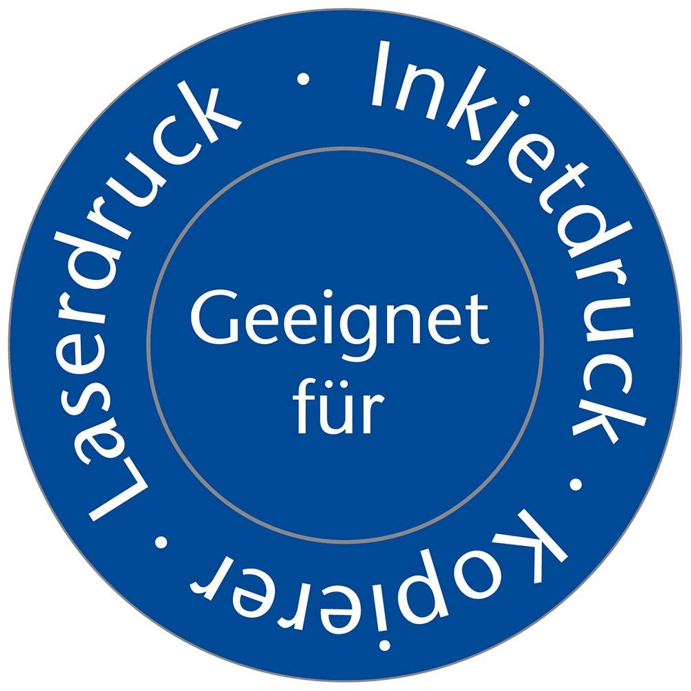 Niebieski okrąg z białym tekstem: Nadaje się do druku laserowego, atramentowego, kserokopiarek.