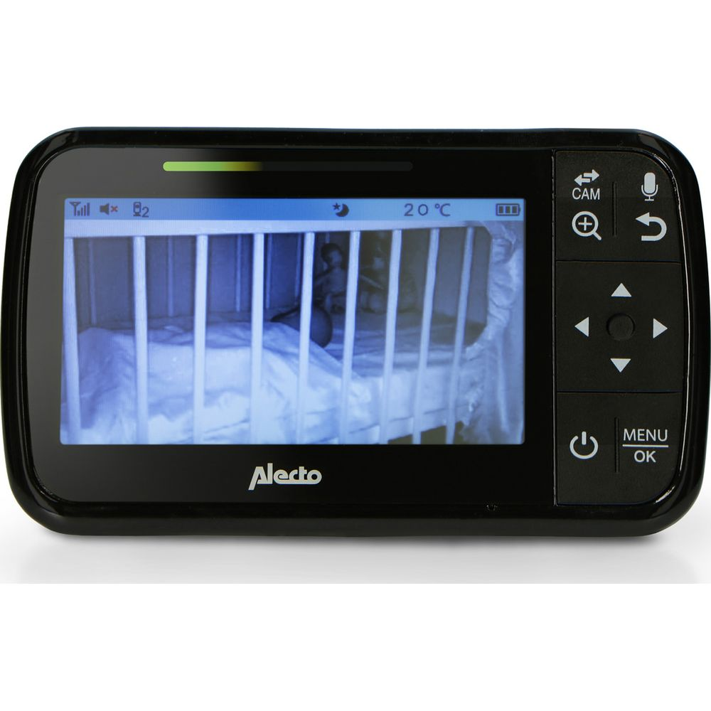 A baby in a crib viewed on a baby monitor screen showing 20°C.