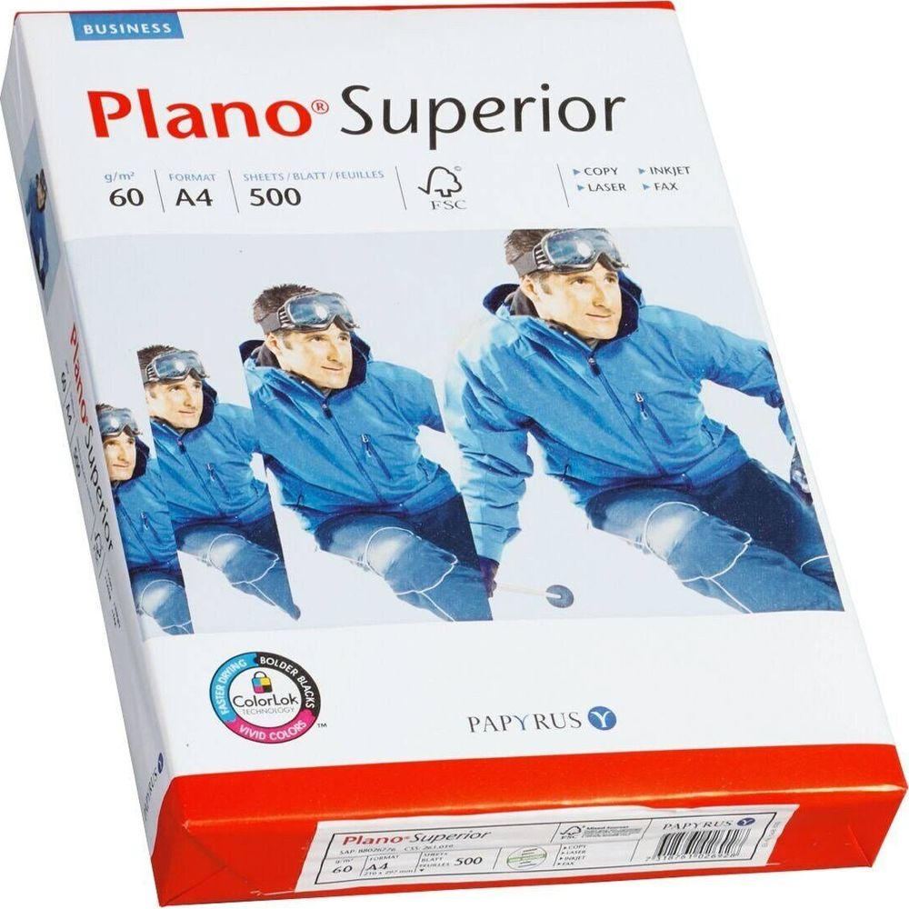 Pudełko papieru Plano Superior z narciarzami w niebieskich strojach.