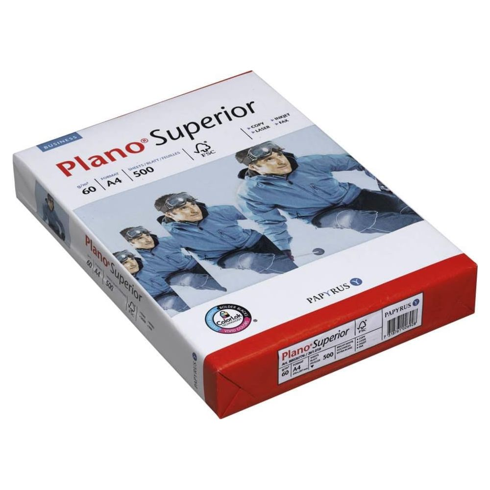 Pudełko papieru Plano Superior z narciarzami z przodu, rozmiar A4.