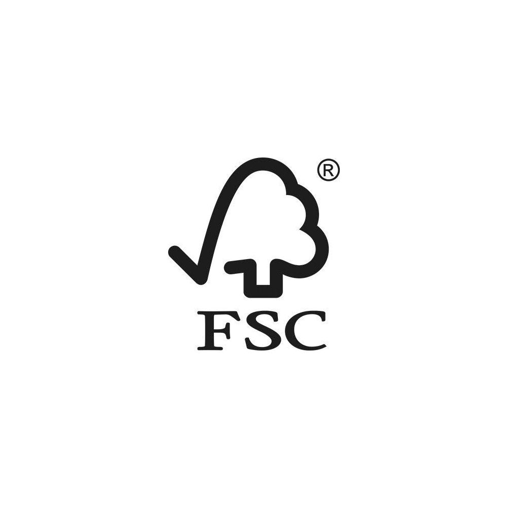Logo FSC z drzewem i ptaszkiem, zarejestrowany znak towarowy.